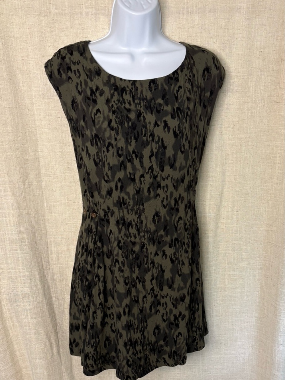 Free People Fake Love Mini Dress Green Leopard Print Open Back Pockets Size M